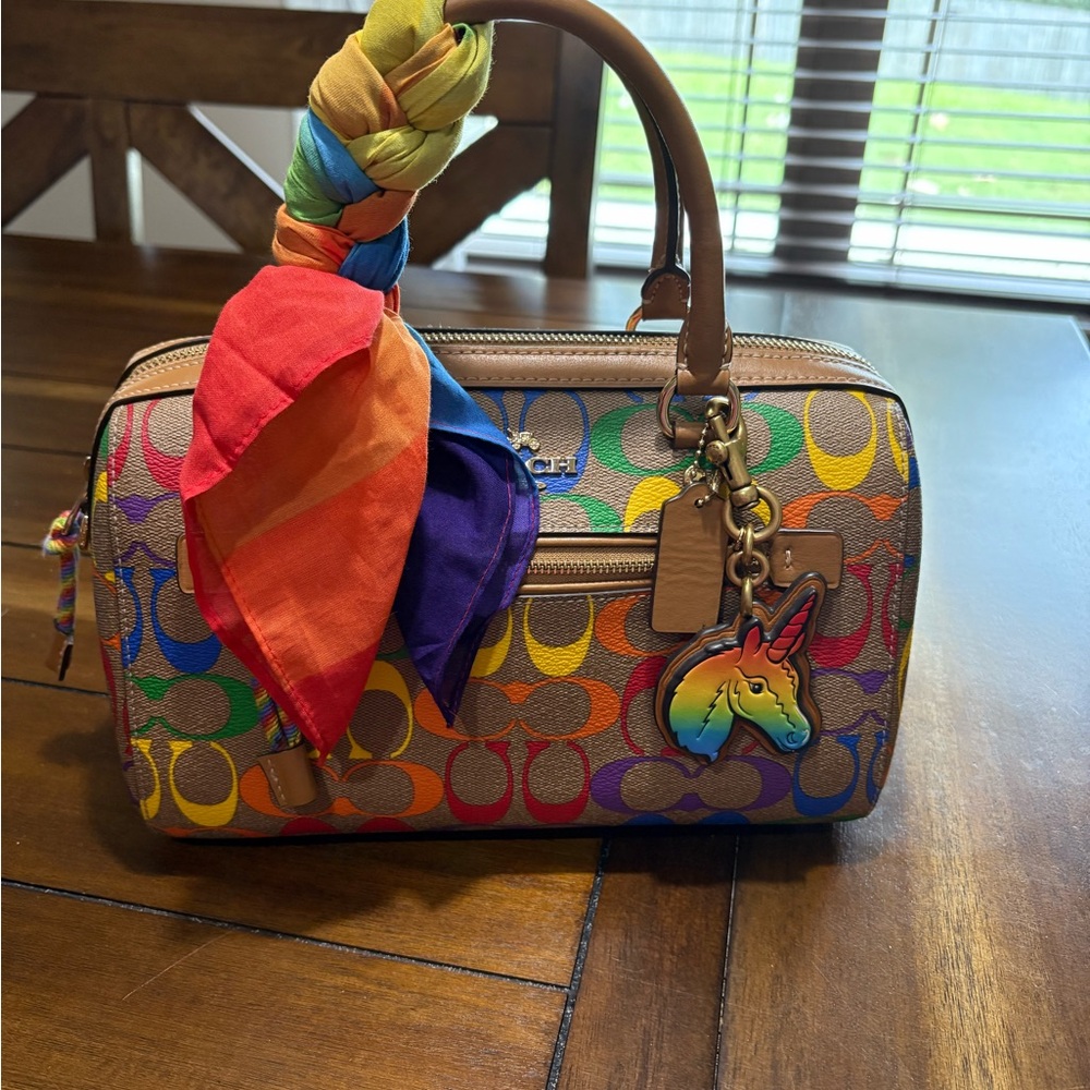 Coach rainbow signature canvas Rowan satchel with coach charm